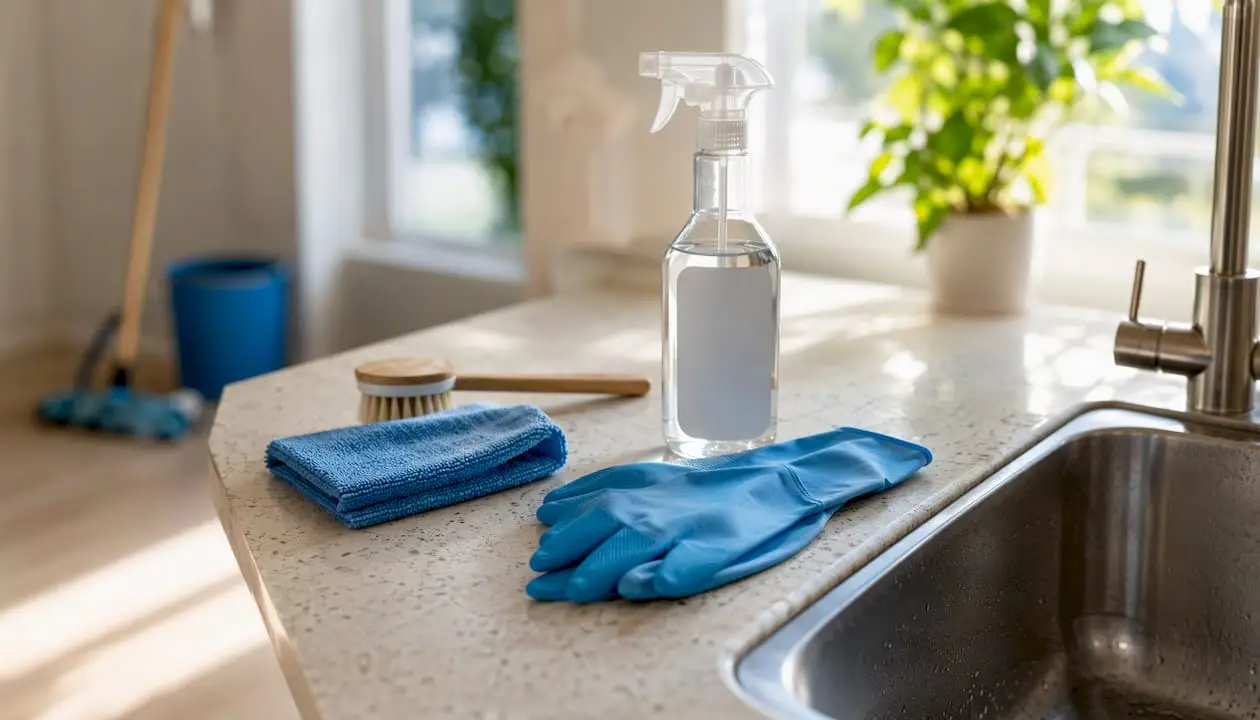 Cleaning supplies on kitchen countertop