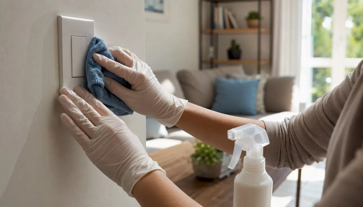 Hands cleaning door handle with disinfectant
