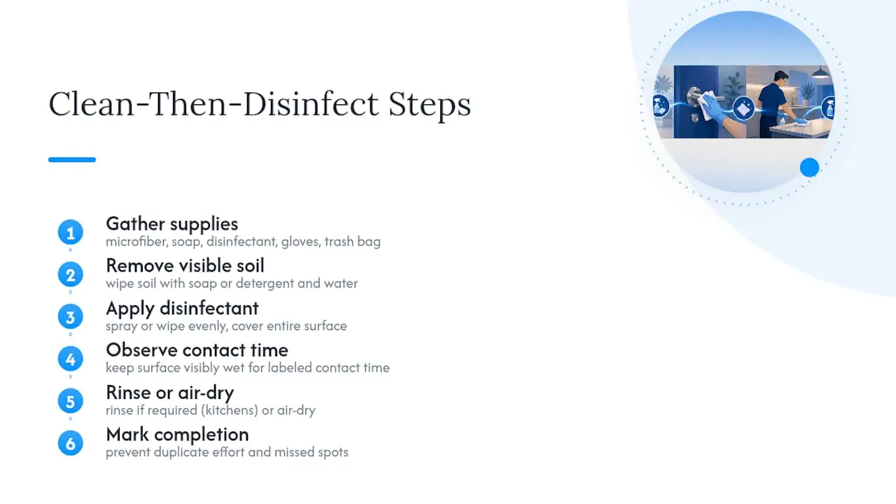 Step-by-step cleaning and disinfecting protocol diagram