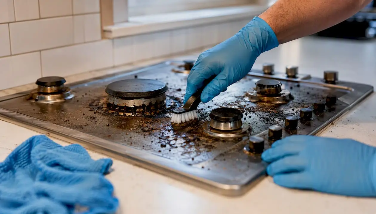 Hands scrubbing greasy kitchen stovetop