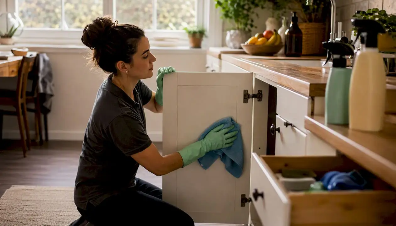 Cleaner scrubbing inside kitchen cabinet in home