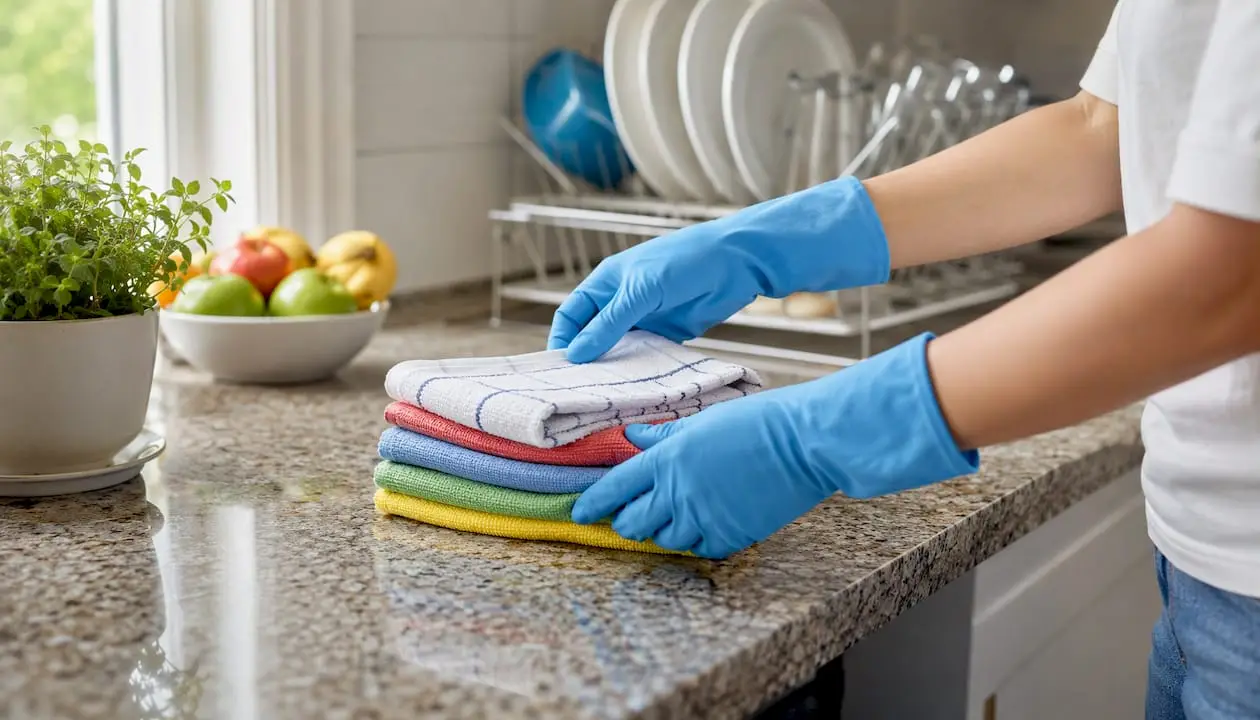 Hands folding towels in a home laundry room