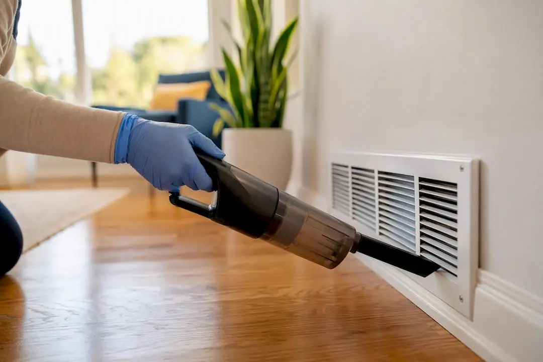Hand vacuuming wall vent in bedroom