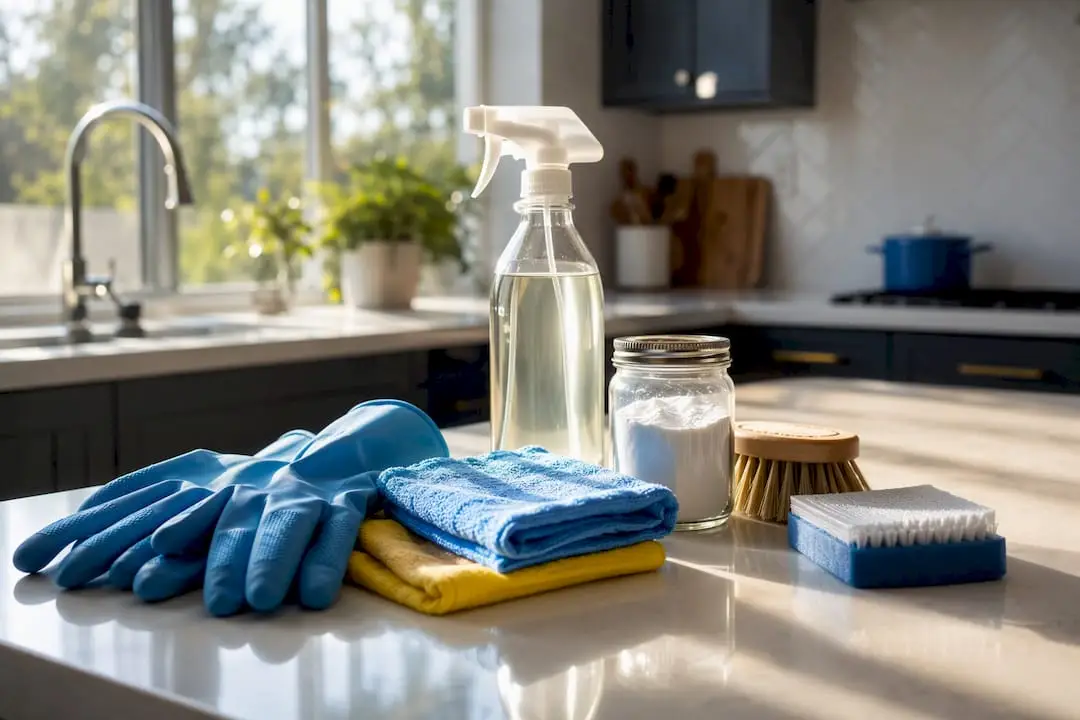 Kitchen cleaning supplies arranged on countertop