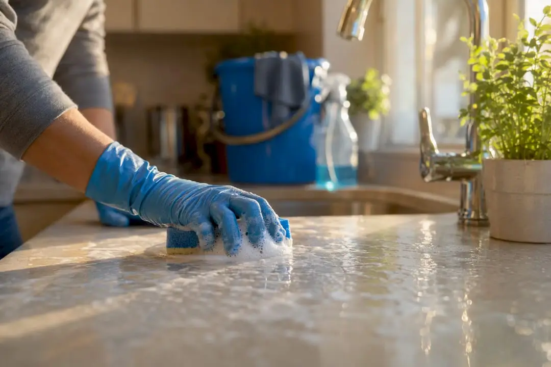 Hands scrubbing kitchen countertop with cleaning sponge