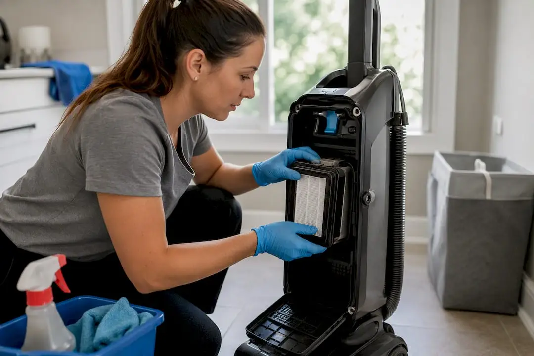 Hands replacing HEPA vacuum filter
