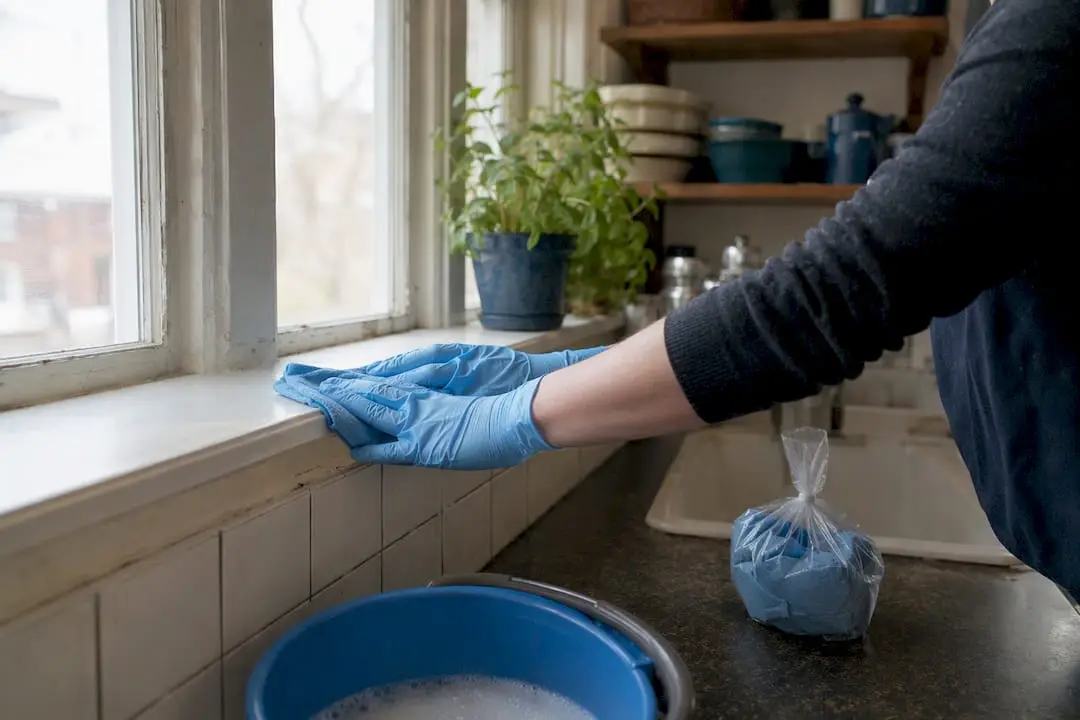 Gloved hands wiping windowsill with damp cloth