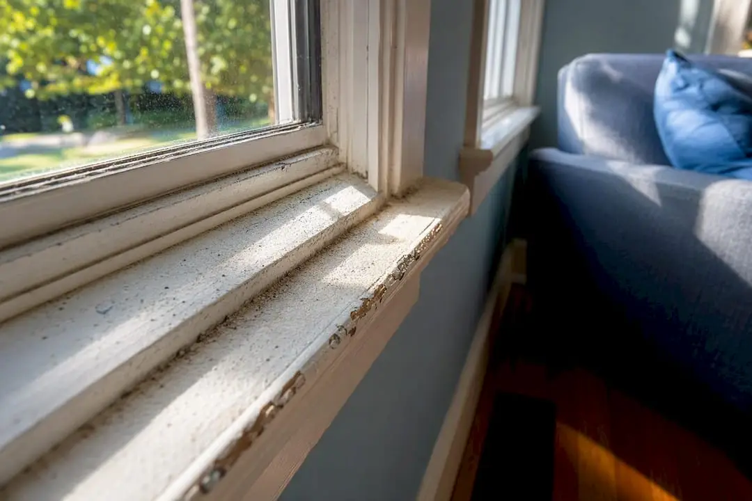 Fine dust accumulation on painted windowsill