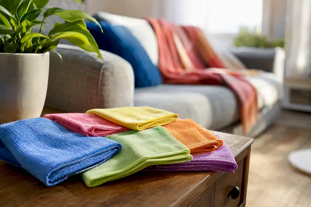 Color-coded cleaning cloths on kitchen counter