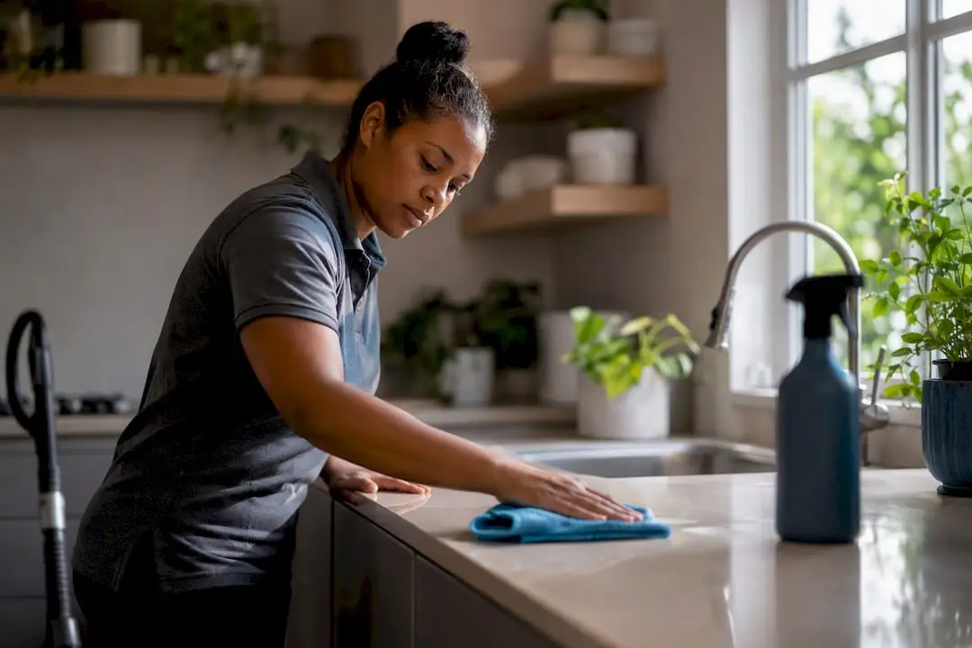 Cleaner wiping kitchen counter with eco supplies