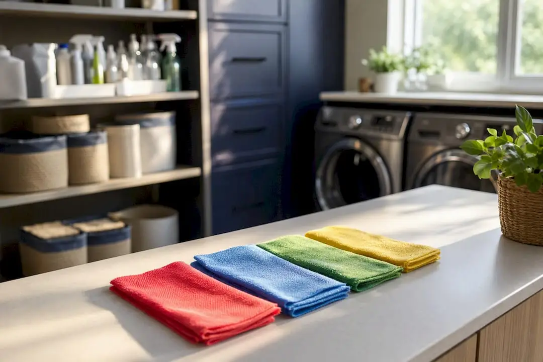 Color-coded cleaning cloths neatly folded on counter