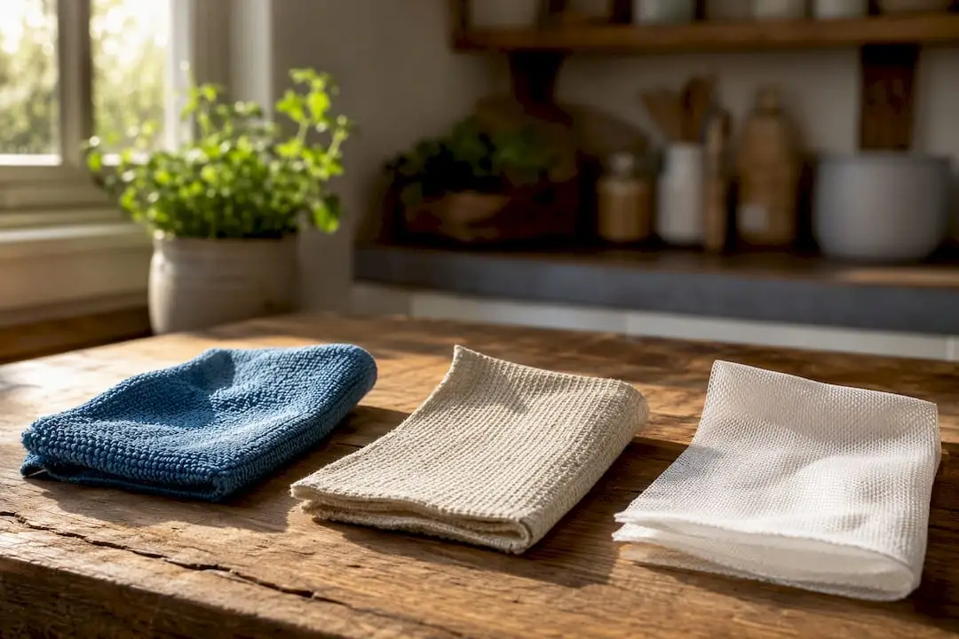 Microfiber, cotton and nonwoven cloths on table