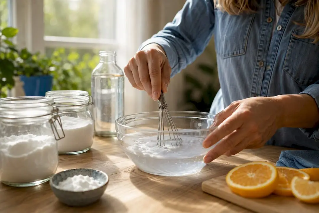 Hands mixing pet-safe homemade cleaner in bowl