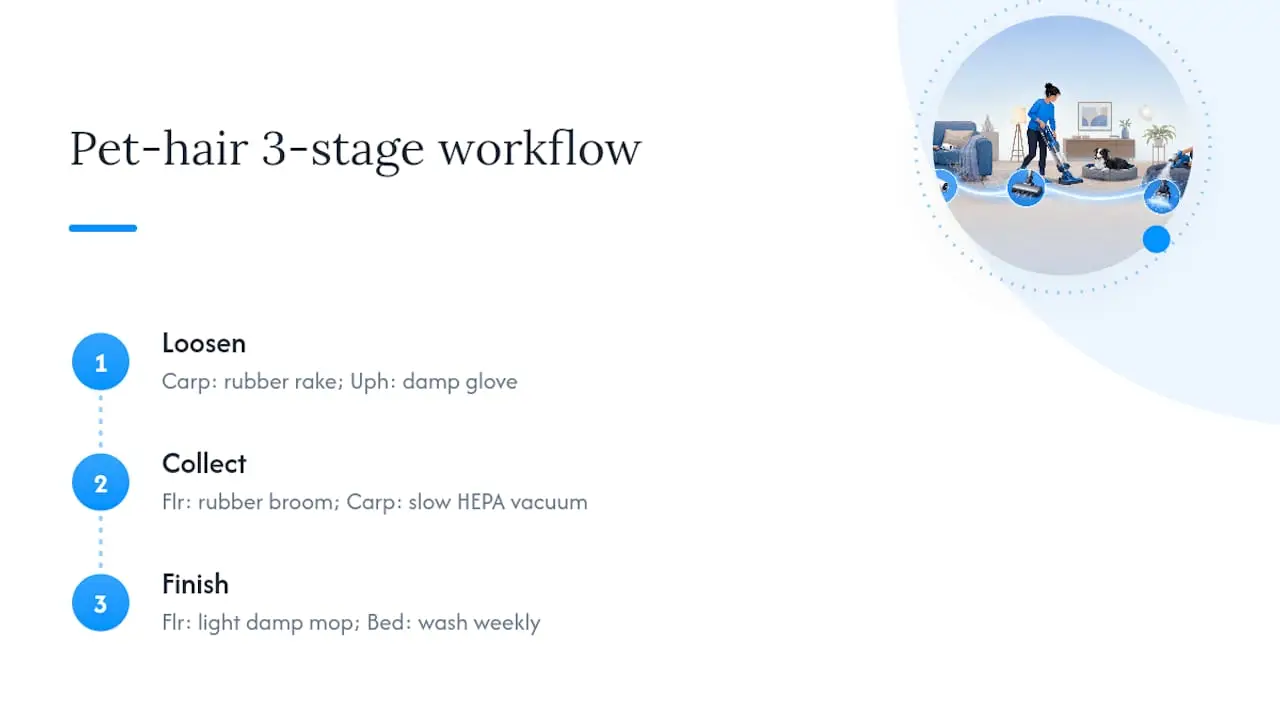 Diagram of three-stage pet hair removal workflow
