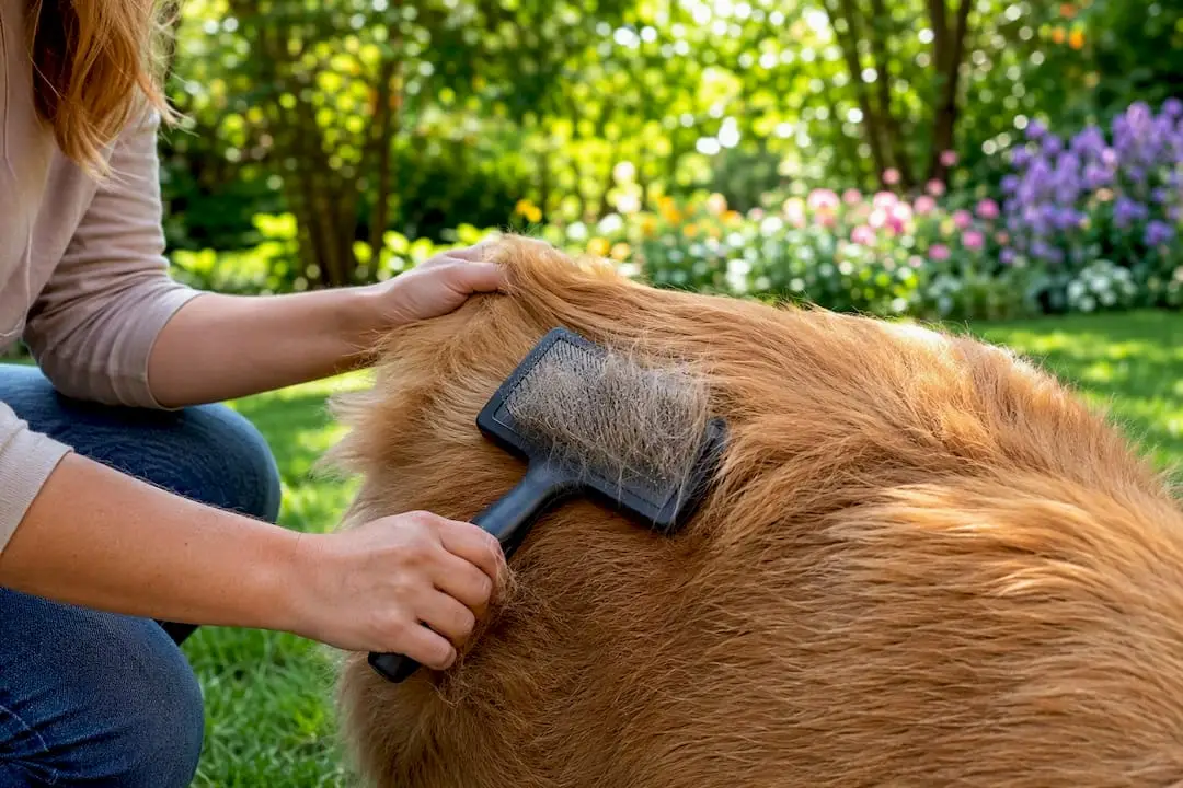 Hand brushing long-haired dog outdoors