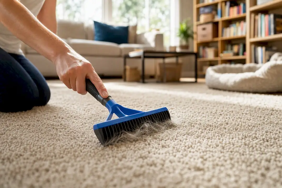 Hands loosening pet hair from carpet with rubber rake