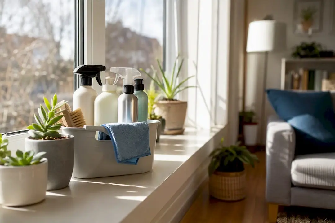 Cleaning caddy with cloths and spray bottles