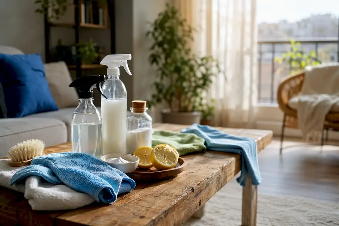 Eco-friendly cleaning supplies on kitchen countertop
