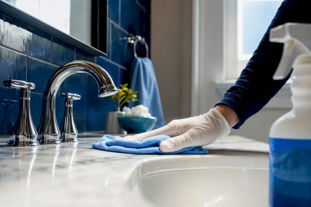 Hand disinfecting a bathroom faucet
