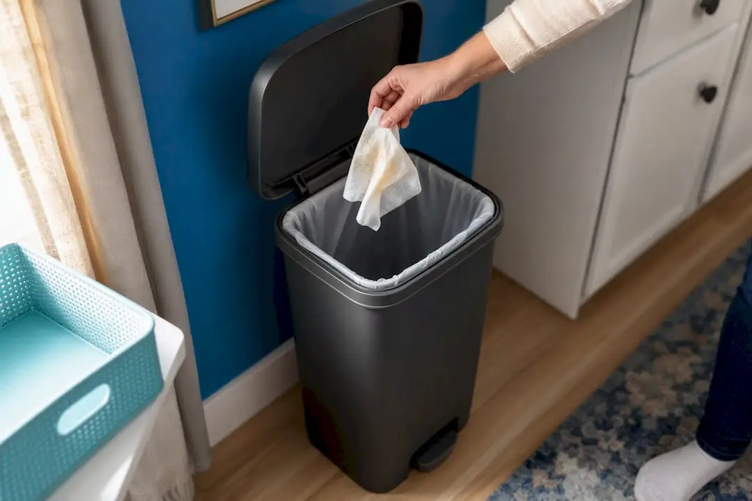 Hand placing used wipe in trash