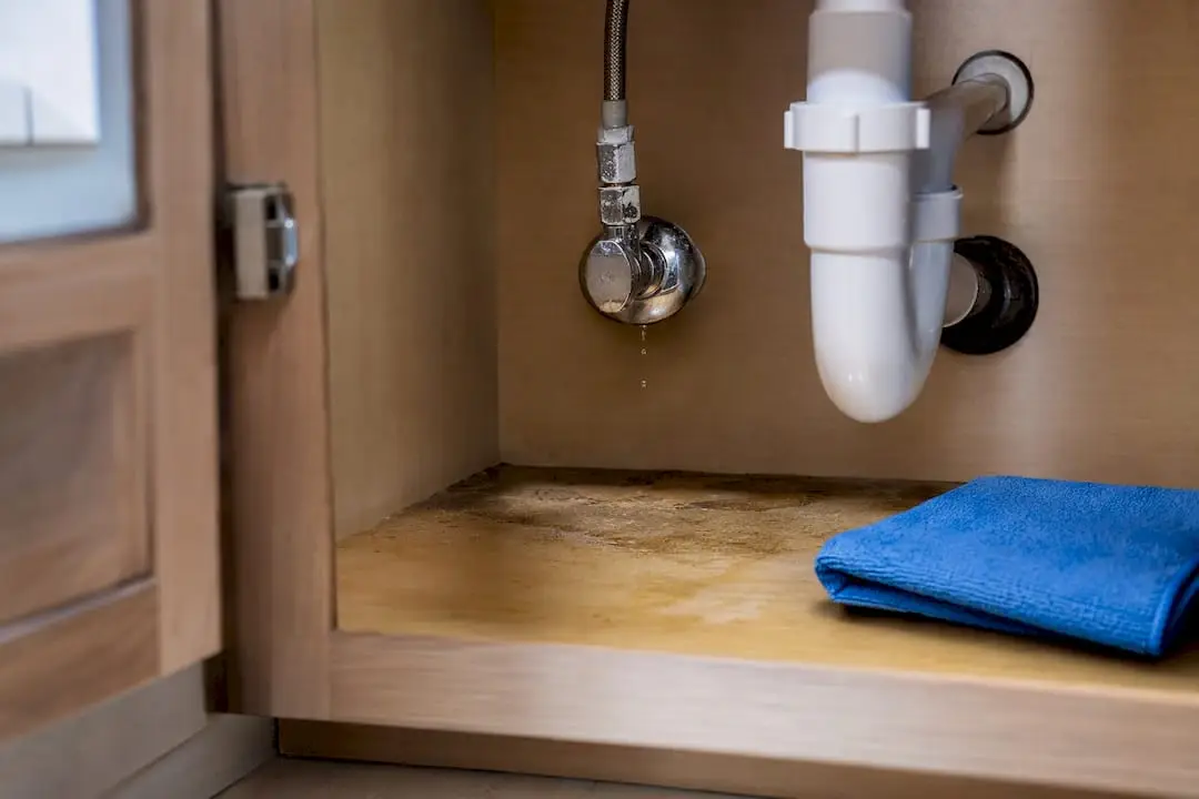 Damp cabinet beneath leaking bathroom pipe