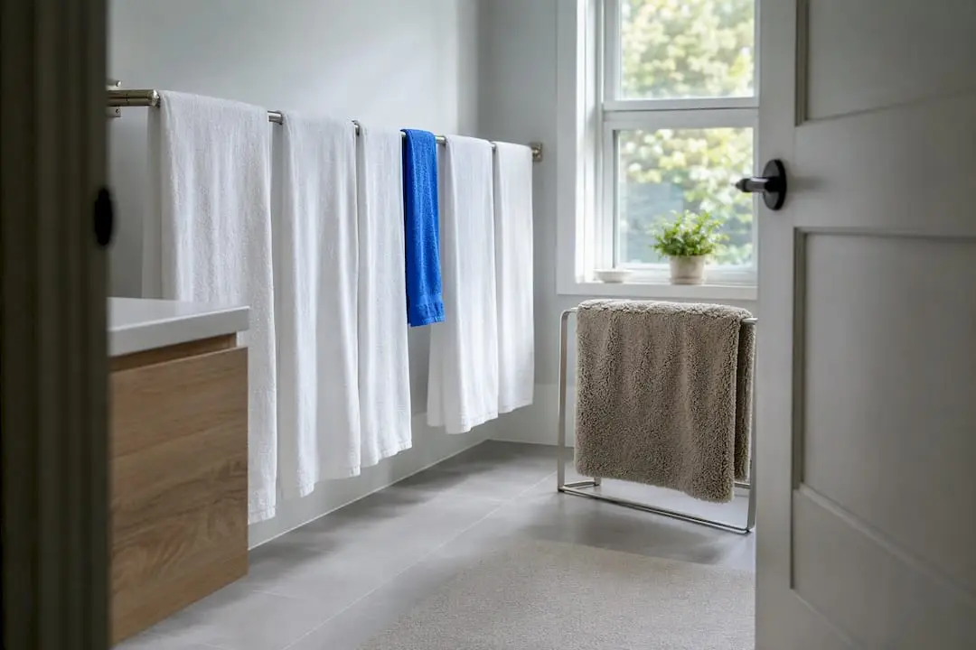 Towels and bath mat drying separately