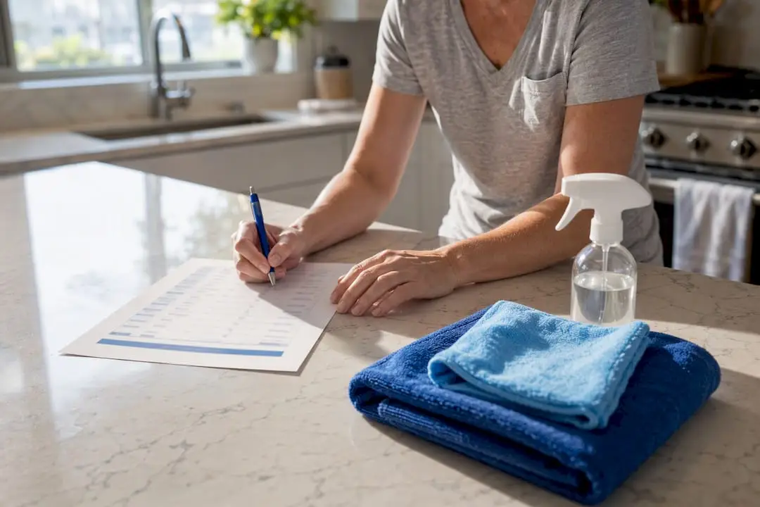 Hands organizing a home cleaning checklist