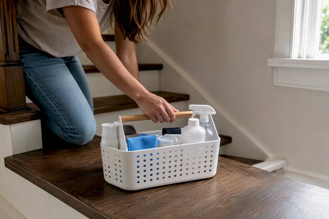 Cleaning caddy placed on stair landing