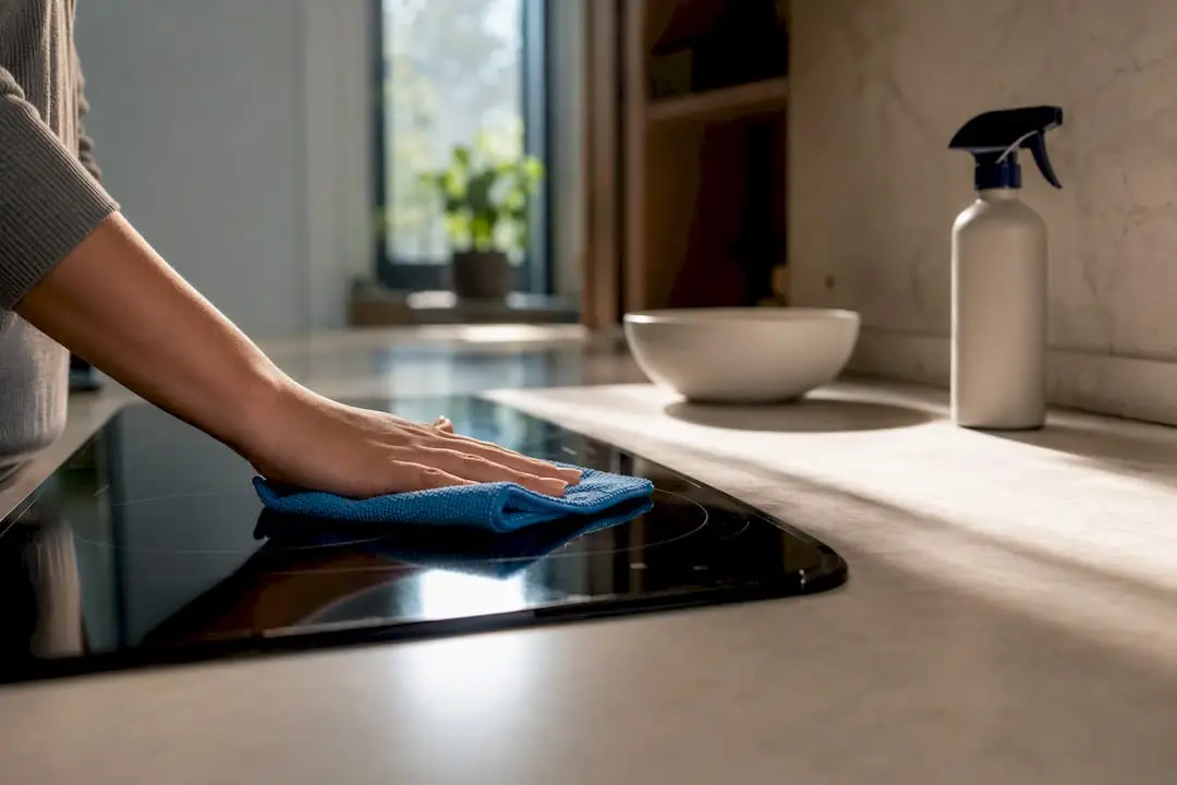 Hands wiping a clean apartment stovetop