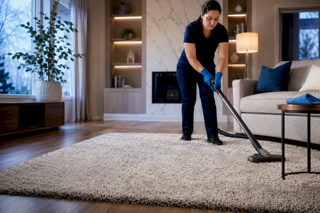 Cleaner vacuuming rug in bright family room