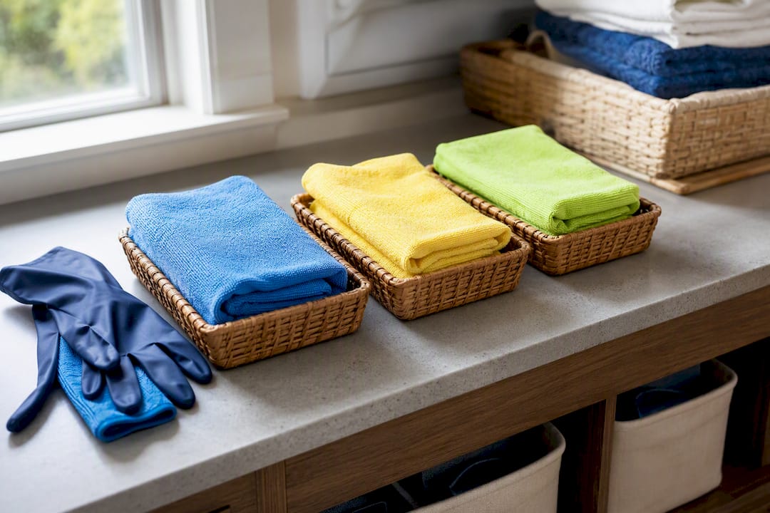 Color-coded cleaning cloths with protective gloves