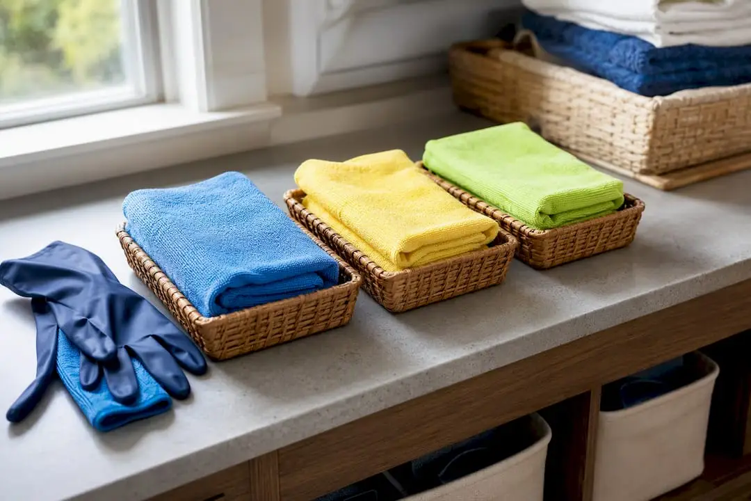 Color-coded cleaning cloths with protective gloves