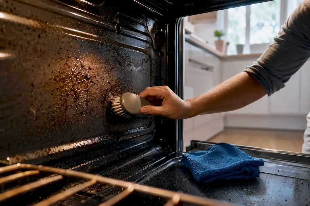 Hand scrubbing grease inside residential oven