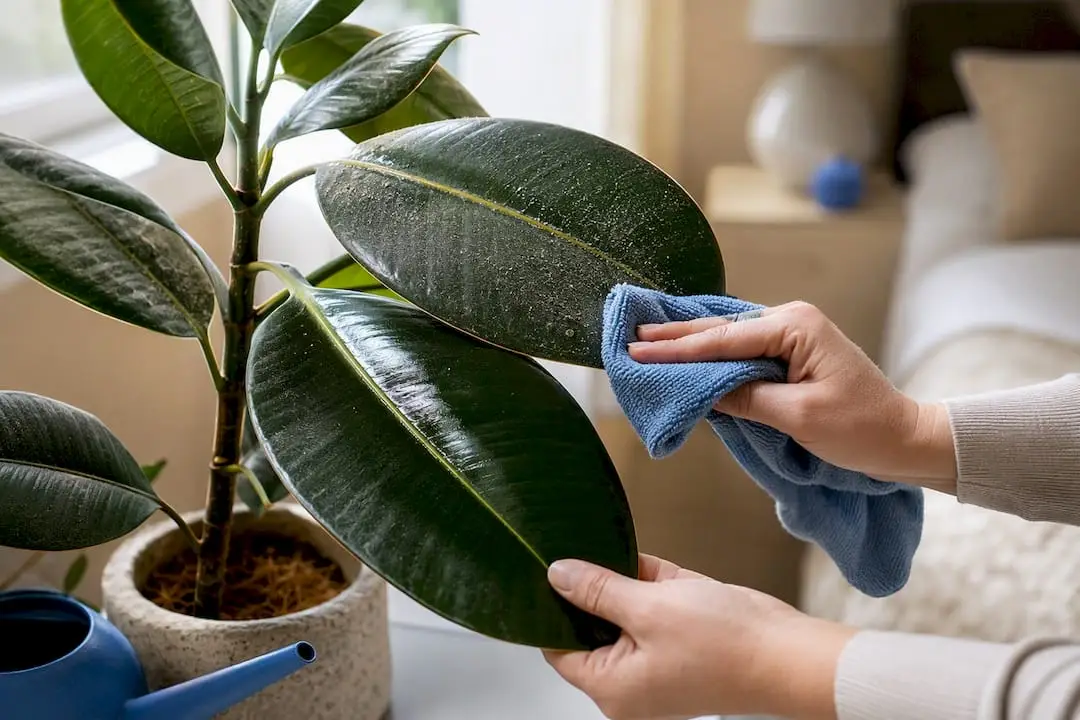 Hands wiping dust from rubber plant leaves