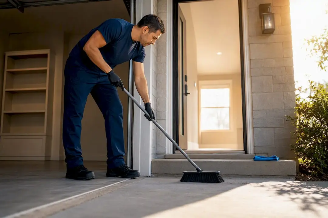 Sweeping a clean garage entry before moving in