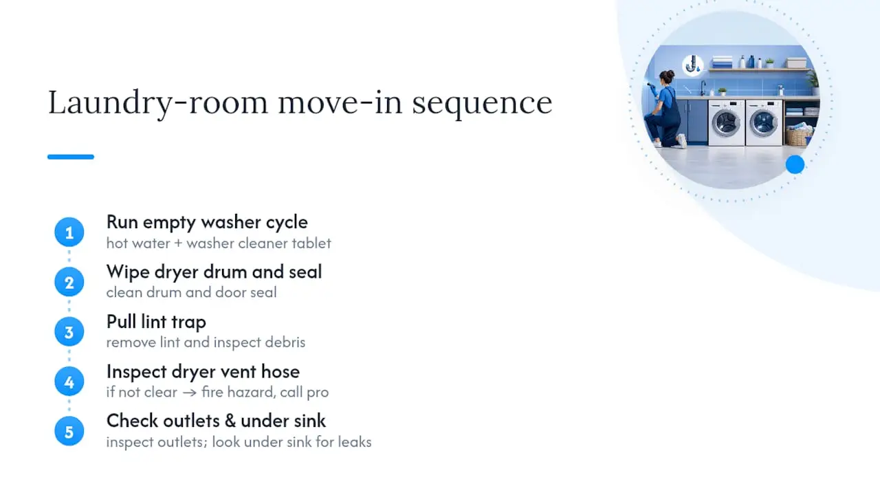 Laundry room cleaning and safety check sequence