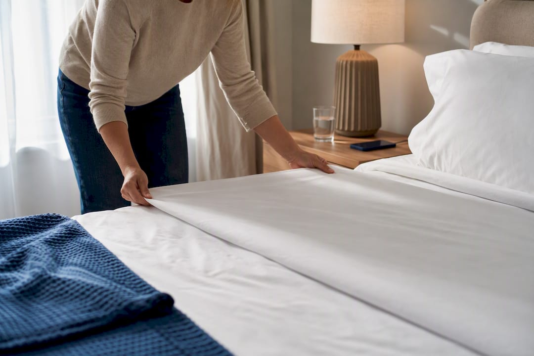 Freshly made guest bed with bedside essentials