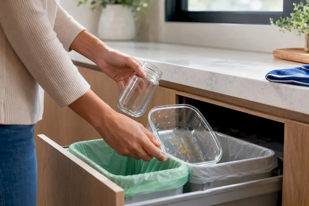 Hands organizing kitchen trash and recycling