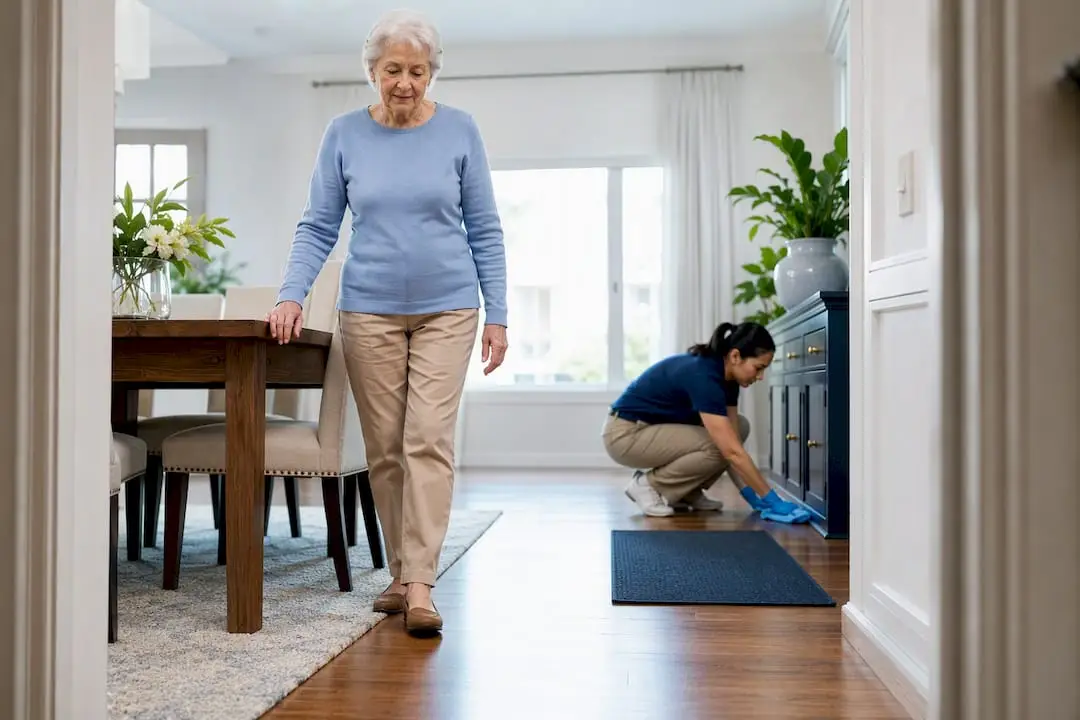 Older adult walking through clean home