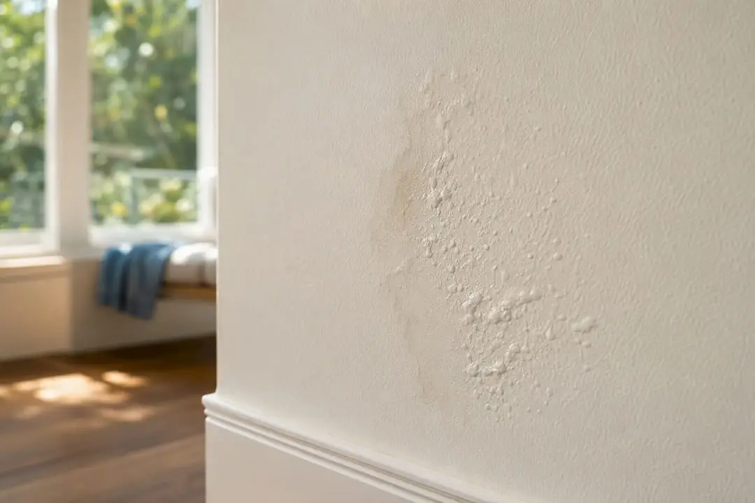 Bubbling paint and water stain on wall