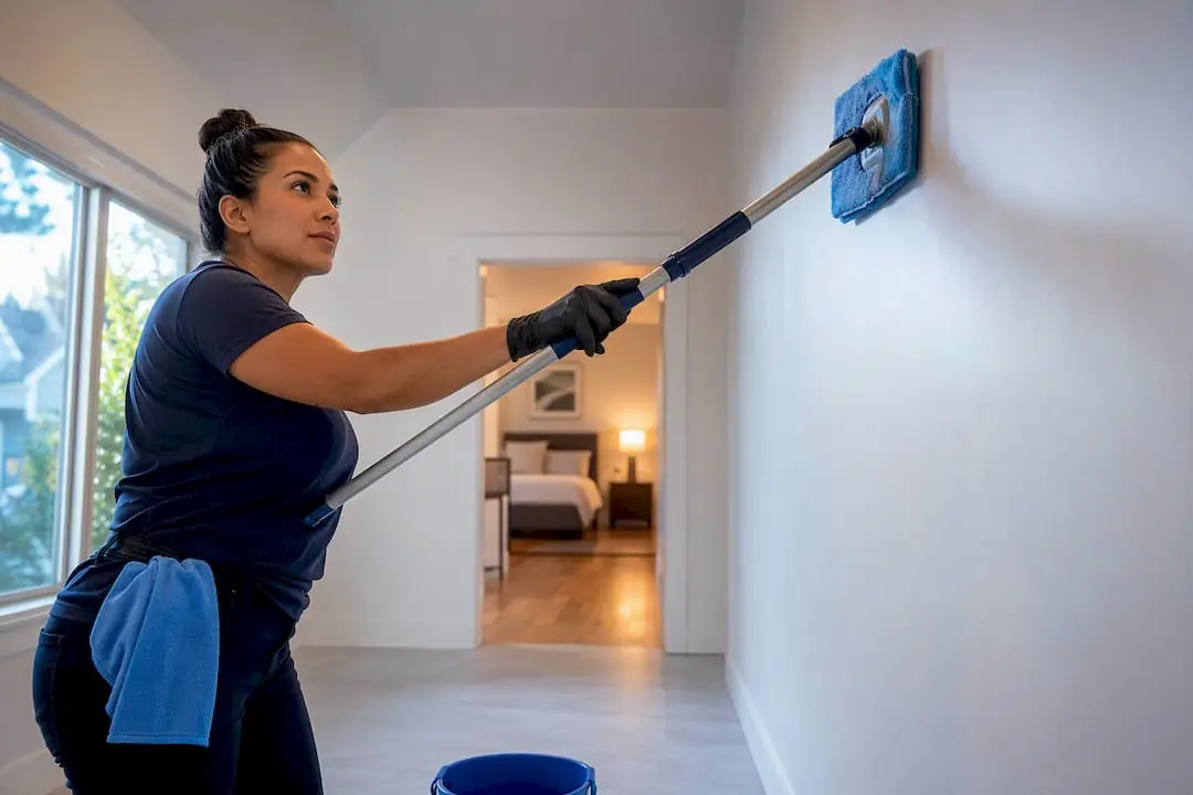 Cleaner washing a painted interior wall