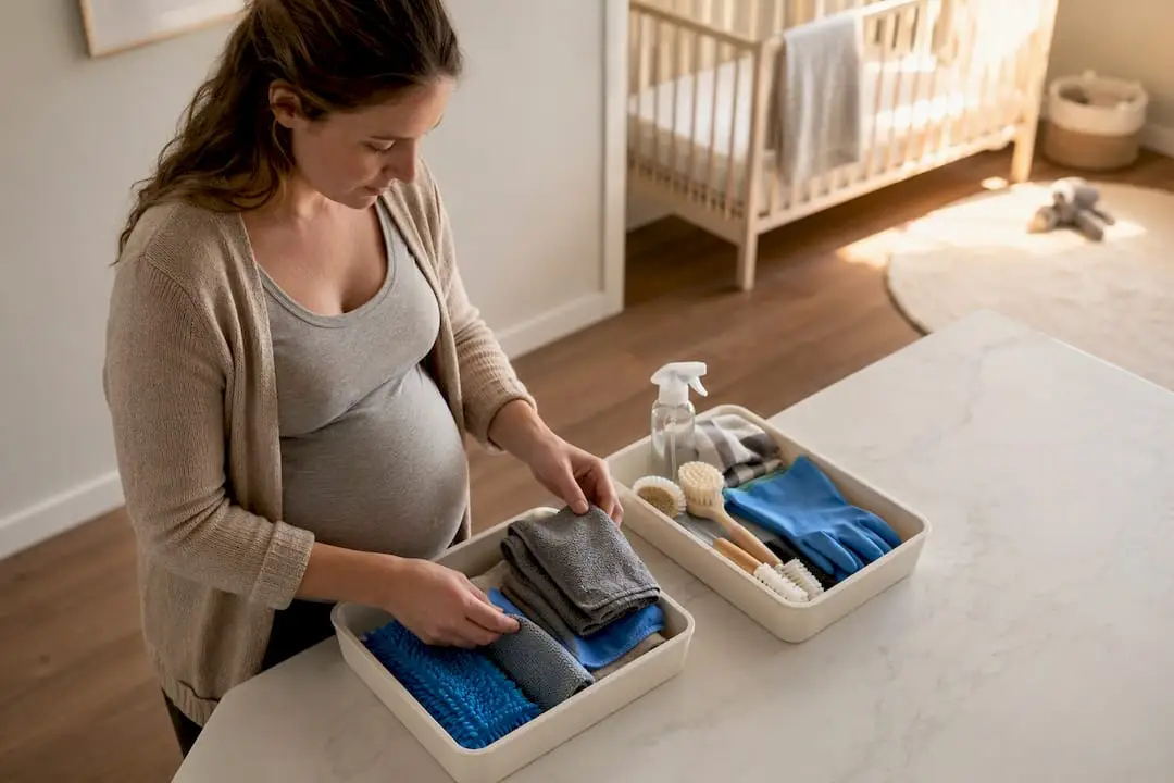 Expectant parent organizing nursery cleaning supplies