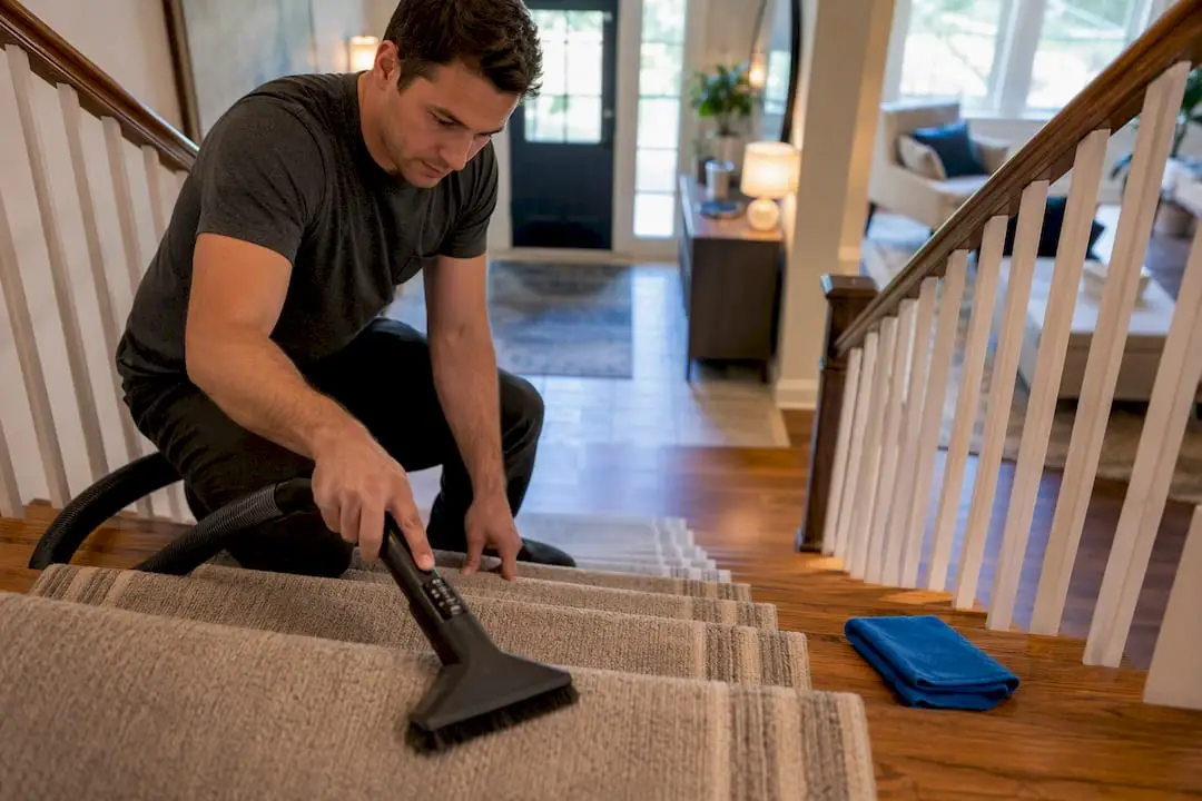 Homeowner vacuuming a clean stair runner