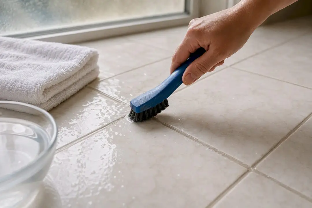 Hand scrubbing grout between bathroom tiles
