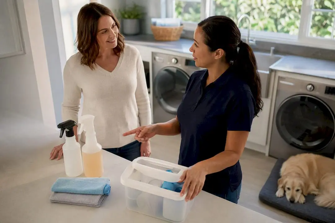 Homeowner discussing cleaning supplies with cleaner