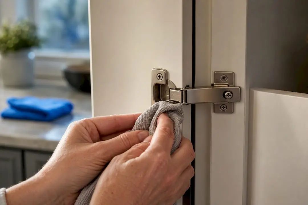Dry cloth wiping a cabinet hinge