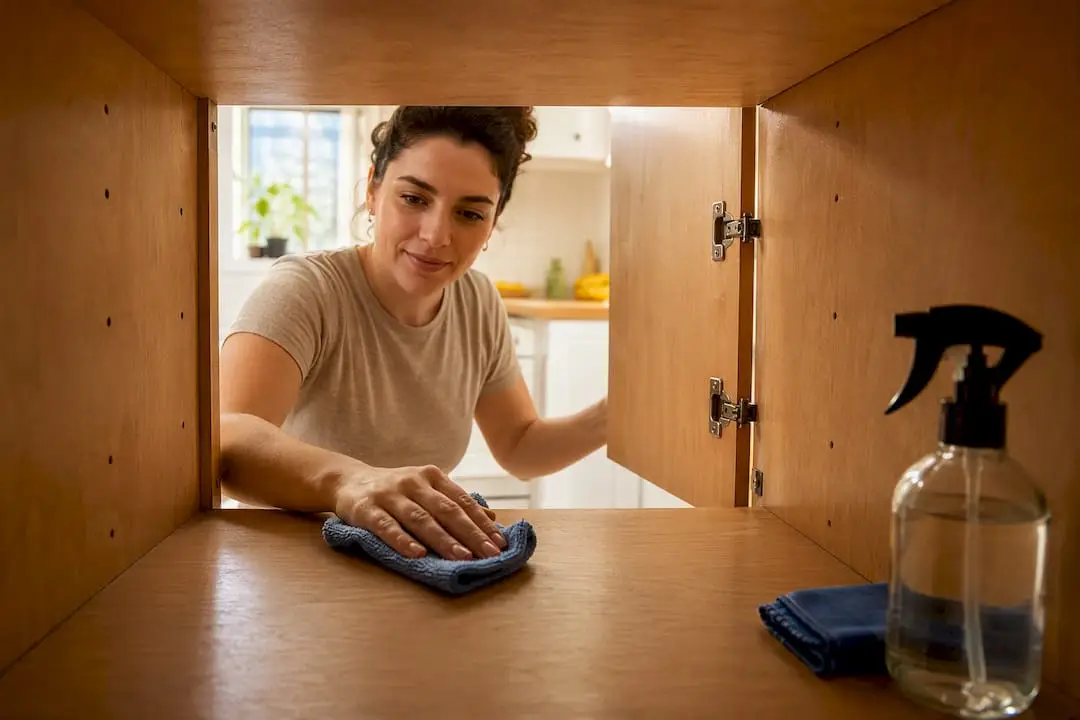 Hands safely cleaning a wood cabinet interior