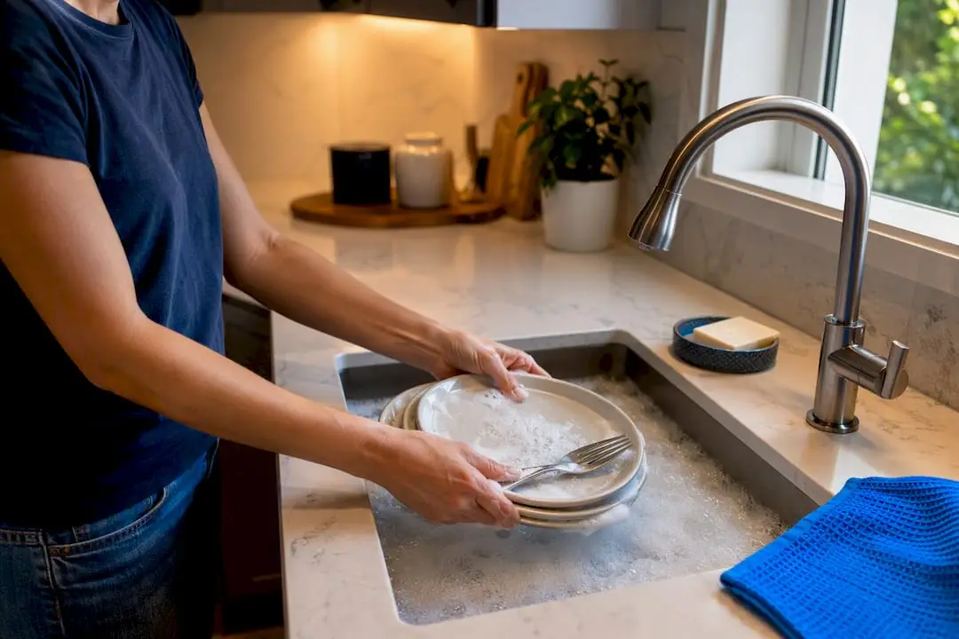 Hands washing dishes in a clean kitchen sink