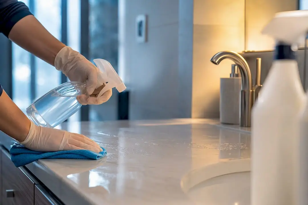 Hands applying disinfectant to bathroom vanity