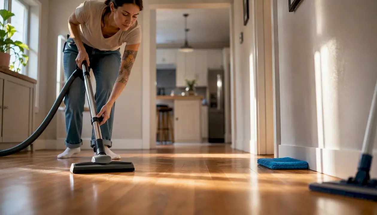Homeowner vacuuming floor before mopping